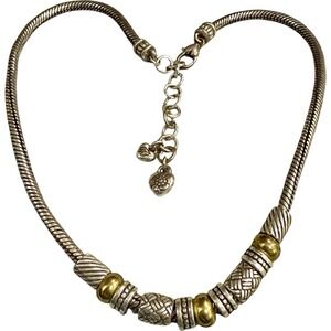 Brighton Two-Tone Collar Necklace Silver Gold Beads‎ w/ Heart Charms 16"